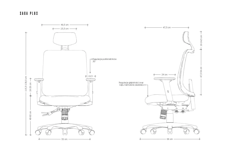SAGA PLUS - w kolorze czarnym   wysokość: 115,5-138,5 cm    głębokość: 66 cm - udźwig do  150 kg #3
